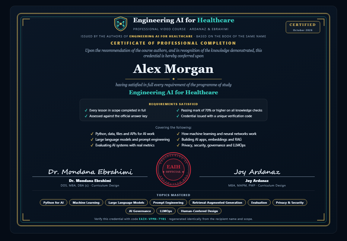 Sample certificate of professional completion for Engineering AI for Healthcare, issued to a sample learner named Alex Morgan, listing the requirements satisfied and topics mastered, signed by Dr. Mondana Ebrahimi and Joy Ardanaz, with a verification code.